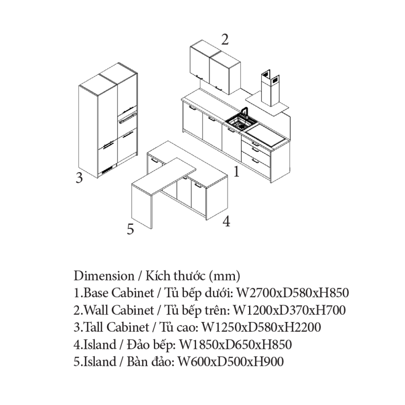 Tủ bếp MDF phủ Melamine, thương hiệu An Cường Cabinet Pro