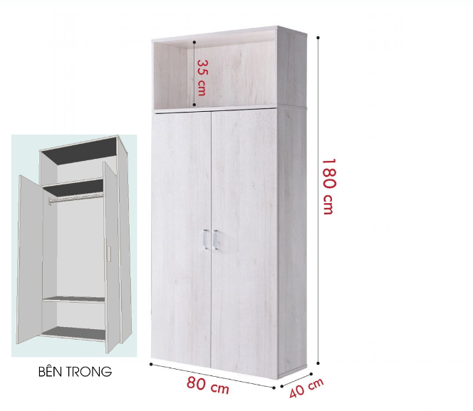 Tủ quần áo 2 cánh 1 ngăn gỗ công nghiệp MDF chống ẩm - CWDL0054